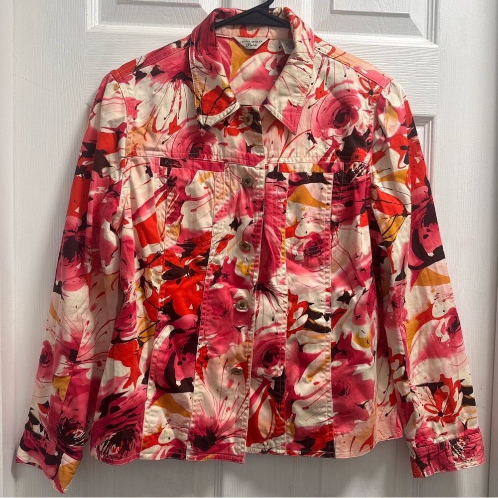 Laura Ashley Floral Button-Up in Pink, Red & Cream